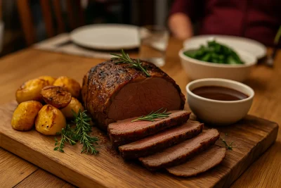 Halal lamb and beef roast served with gravy and vegetables